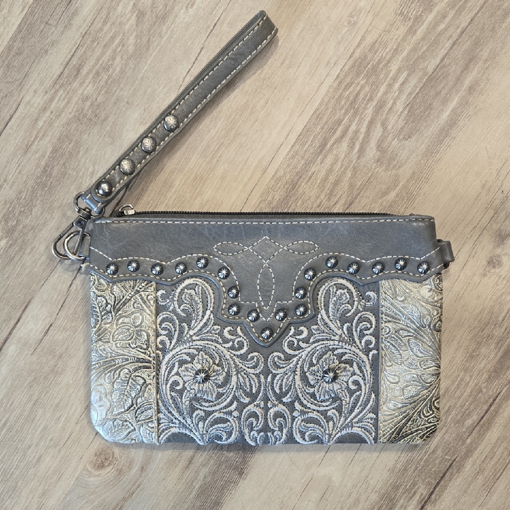 Montana West Silver and Gray Embroidered Clutch